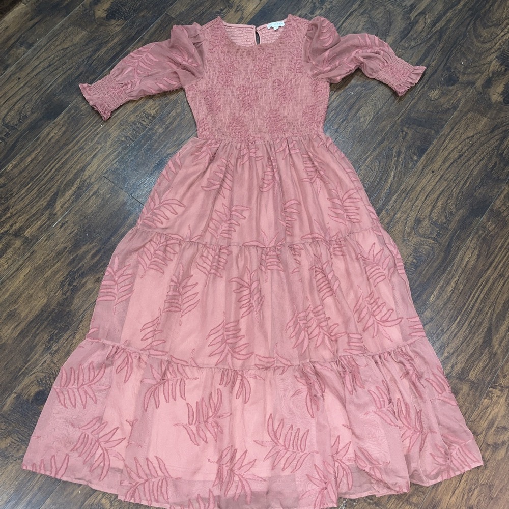 Baltic Born Dusty Rose Smocked Midi Dress Puff Sleeve Tiered Women's Size Small - Picture 2 of 9